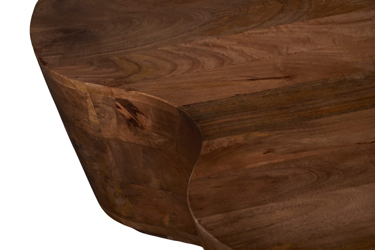 Close-up of Free Form Solid Wood Premium Coffee Table showcasing unique curved design and rich brown color.