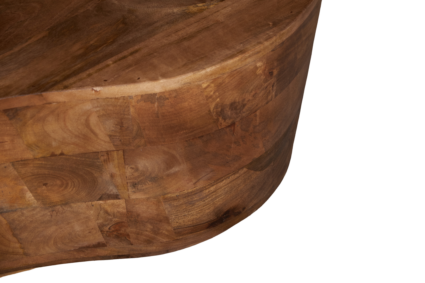 Detailed view of Free Form Solid Wood Premium Coffee Table showing unique wood texture and contemporary design.