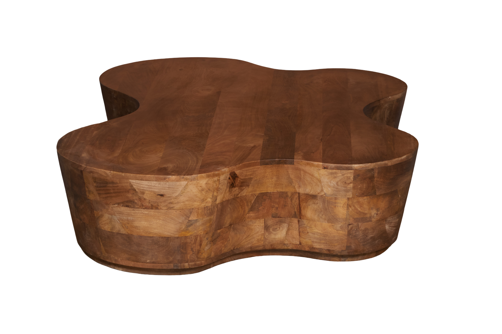 Free Form Solid Wood Premium Coffee Table in an oval shape with a unique design and solid wood construction.
