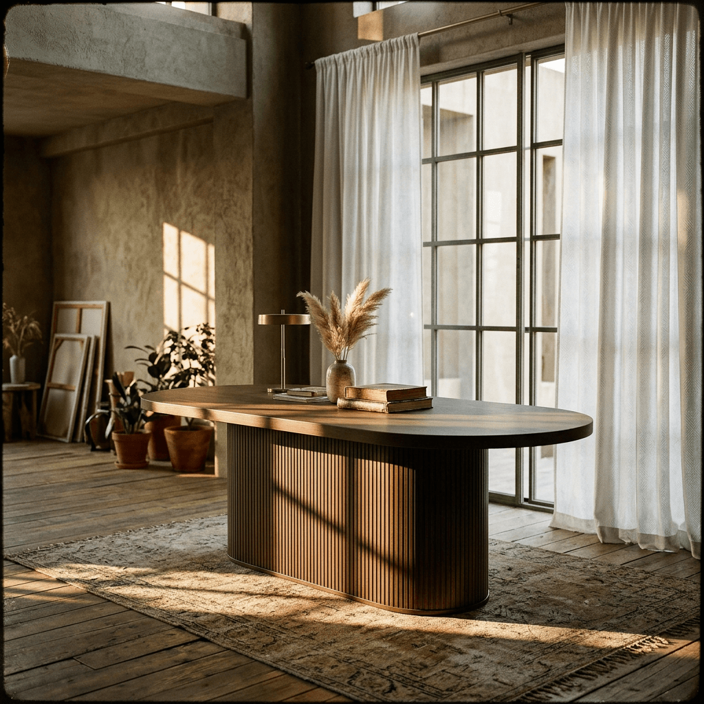 Gamarya Oak Finish Dining Table – 87” Oval Wood Dining Table in a bright modern interior setting.