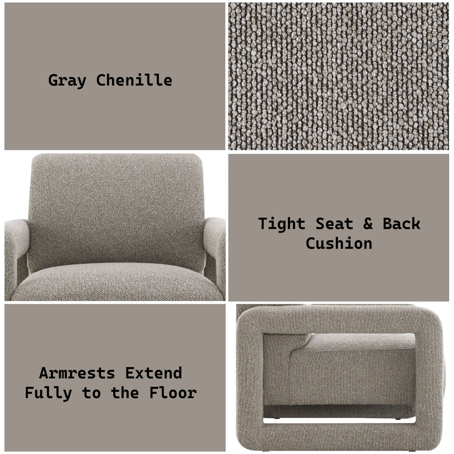 Glenda Gray Chenille Accent Chair details including gray chenille fabric, tight seat and back cushion, armrests extend fully to the floor.
