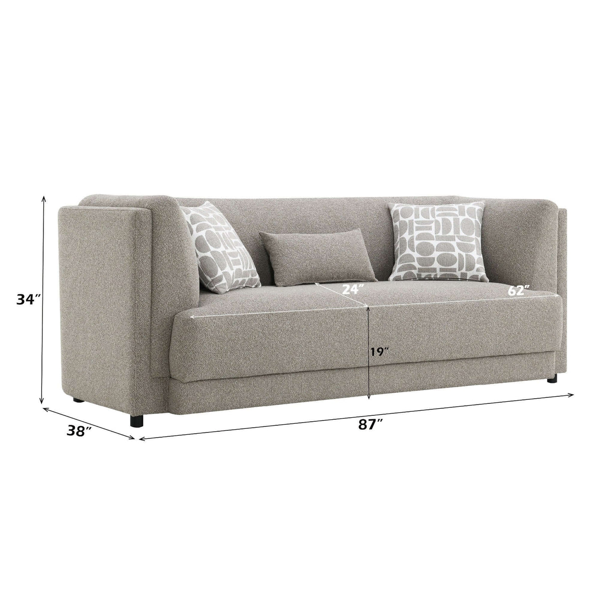 Glenda Gray Chenille Sofa – 87” Modern 3-Seat Sofa with Pillows, featuring accent cushions and dimensions shown.