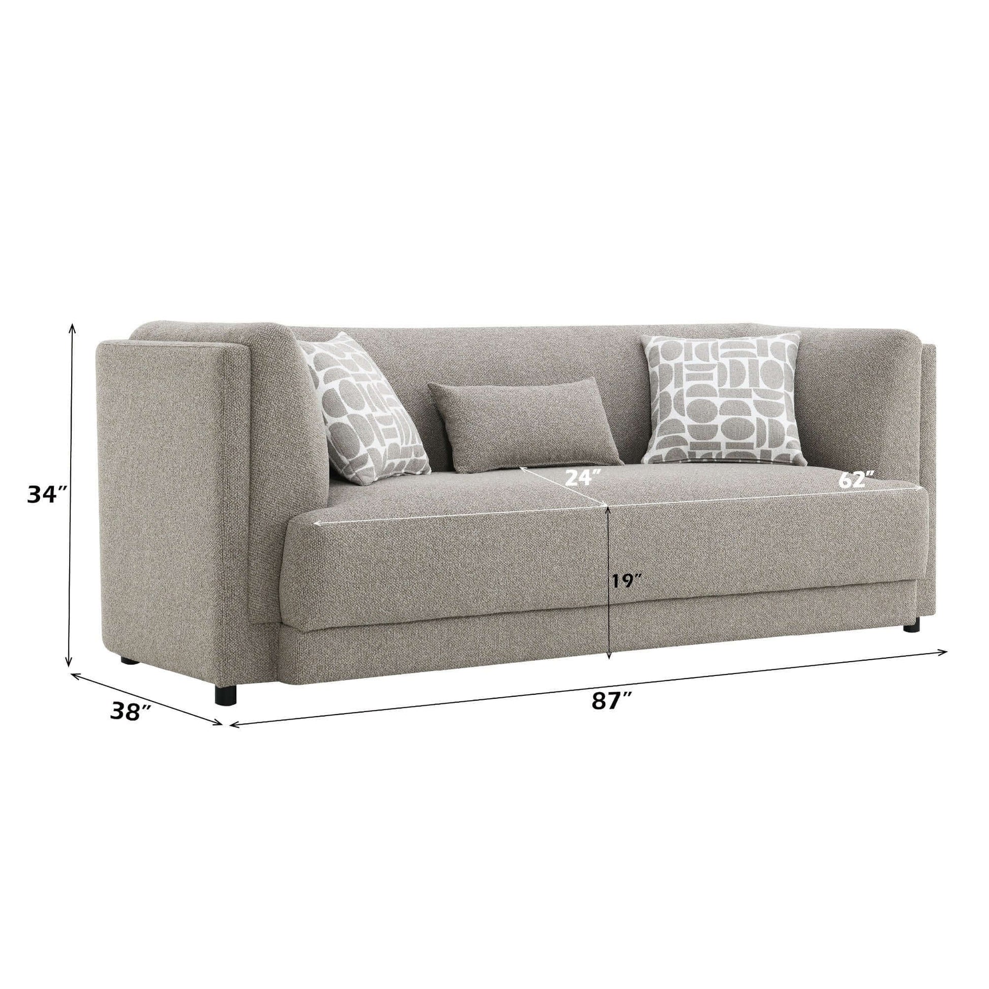 Glenda Gray Chenille Sofa – 87” Modern 3-Seat Sofa with Pillows, featuring accent cushions and dimensions shown.