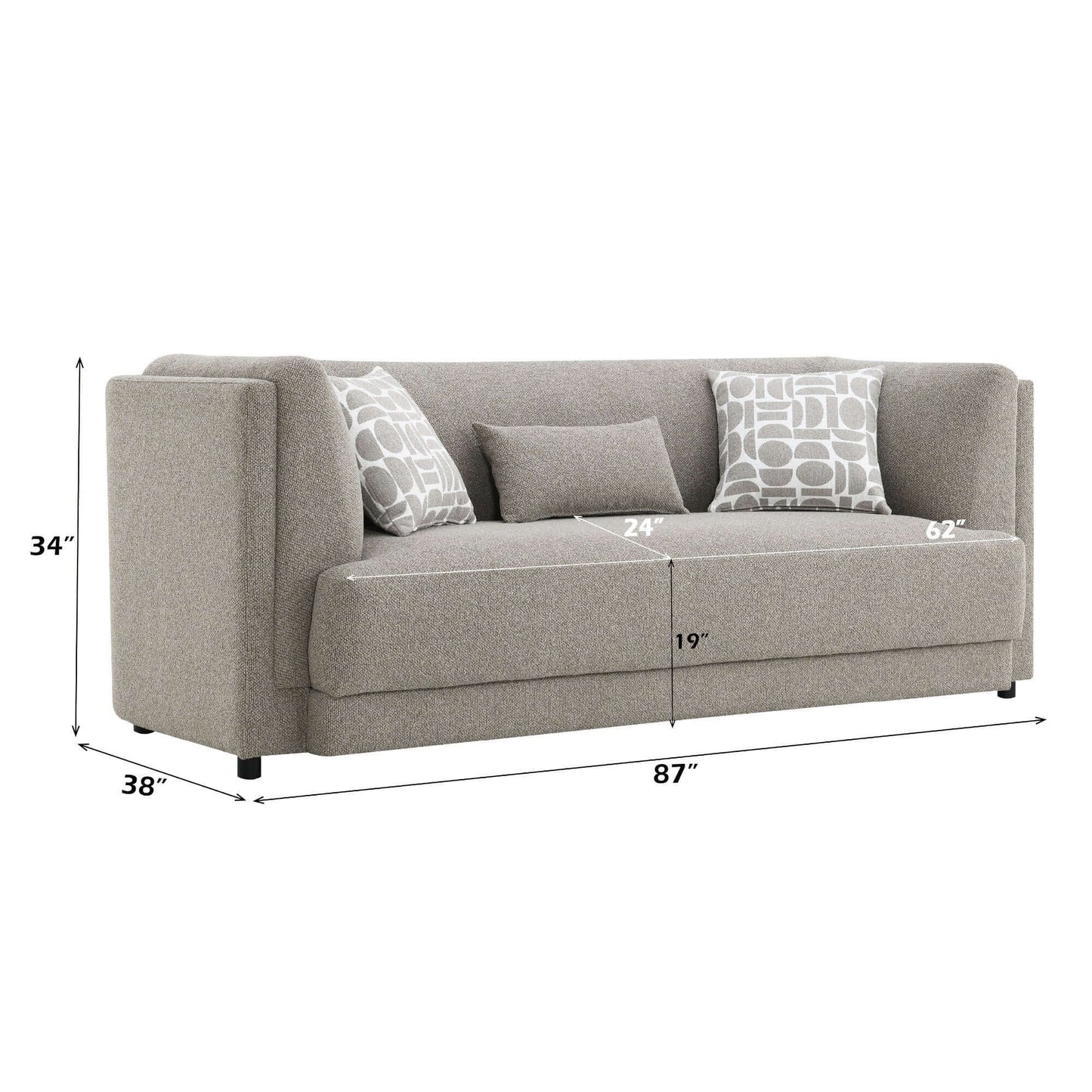 Glenda Gray Chenille Sofa – 87” Modern 3-Seat Sofa with Pillows, featuring accent cushions and dimensions shown.