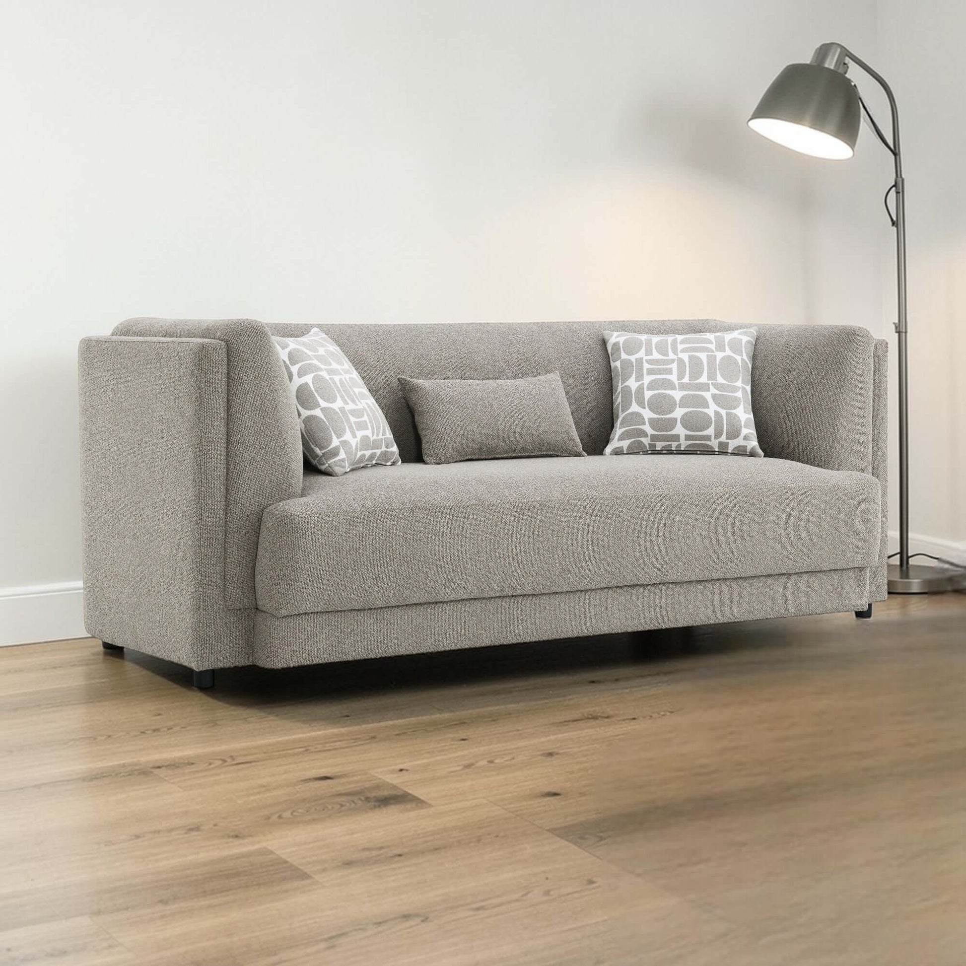 Glenda Gray Chenille Sofa – 87” Modern 3-Seat Sofa with Pillows in a cozy living room setting.