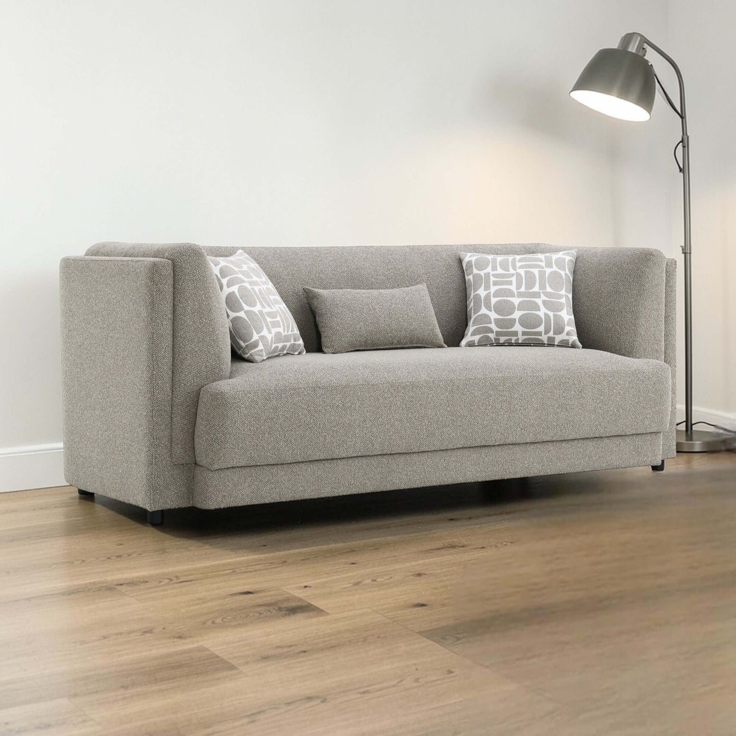 Glenda Gray Chenille Sofa – 87” Modern 3-Seat Sofa with Pillows in a cozy living room setting.