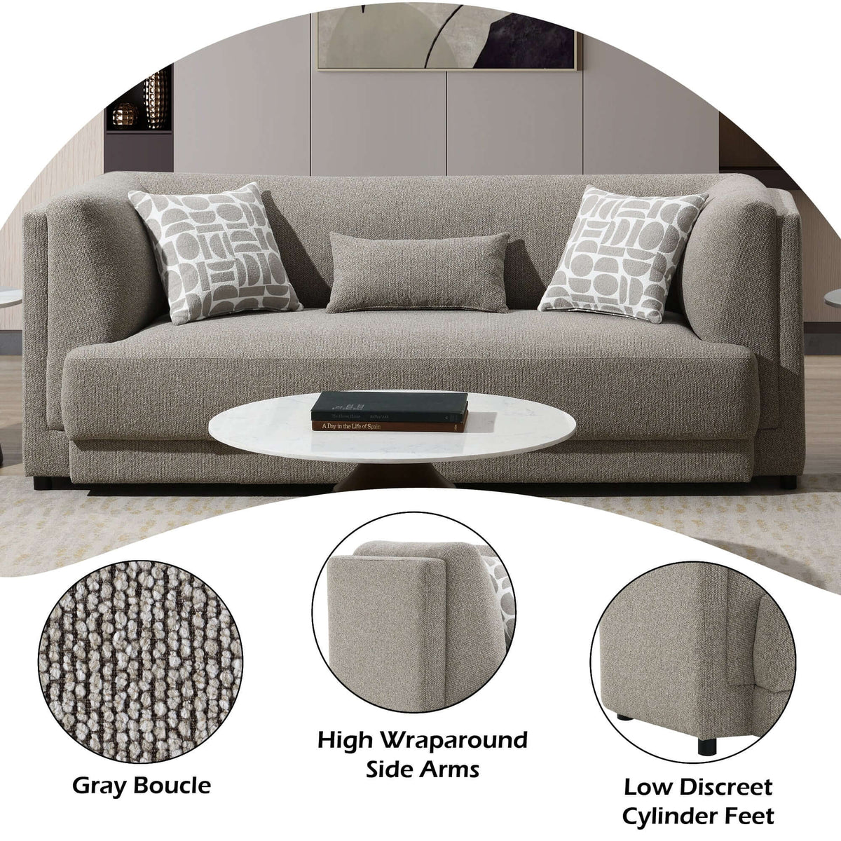 Glenda Gray Chenille Sofa – 87” Modern 3-Seat Sofa with Pillows in gray boucle upholstery and accent pillows.