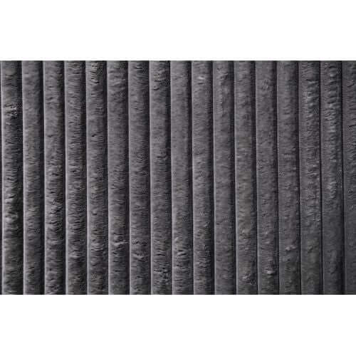 Textured gray corduroy fabric close-up, highlighting the vertical ribbed pattern.