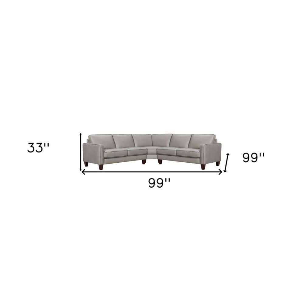 Gray Leather L-Shaped 3-Piece Corner Sectional Sofa 99" dimensions, 33" height, 99" width for spacious comfort.