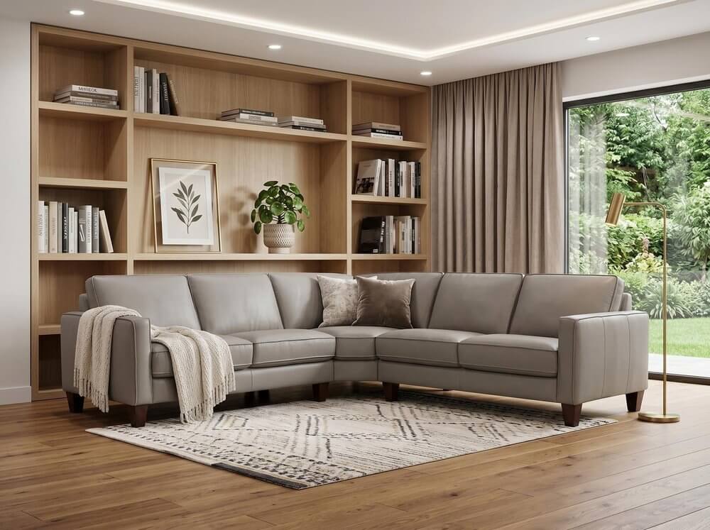 Gray Leather L-Shaped 3-Piece Corner Sectional Sofa 99" in modern living room with wood shelving and natural light.