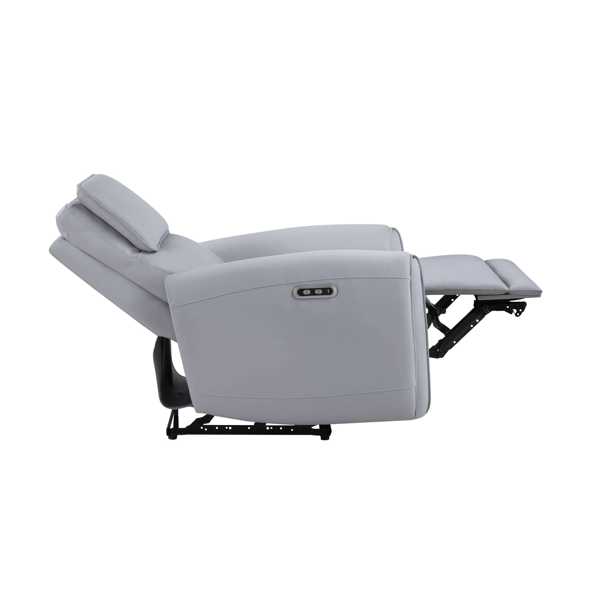 Jeromie Gray PU Leather Power Motion Recliner w/ USB Port in reclining position, showcasing sleek gray design and functionality.