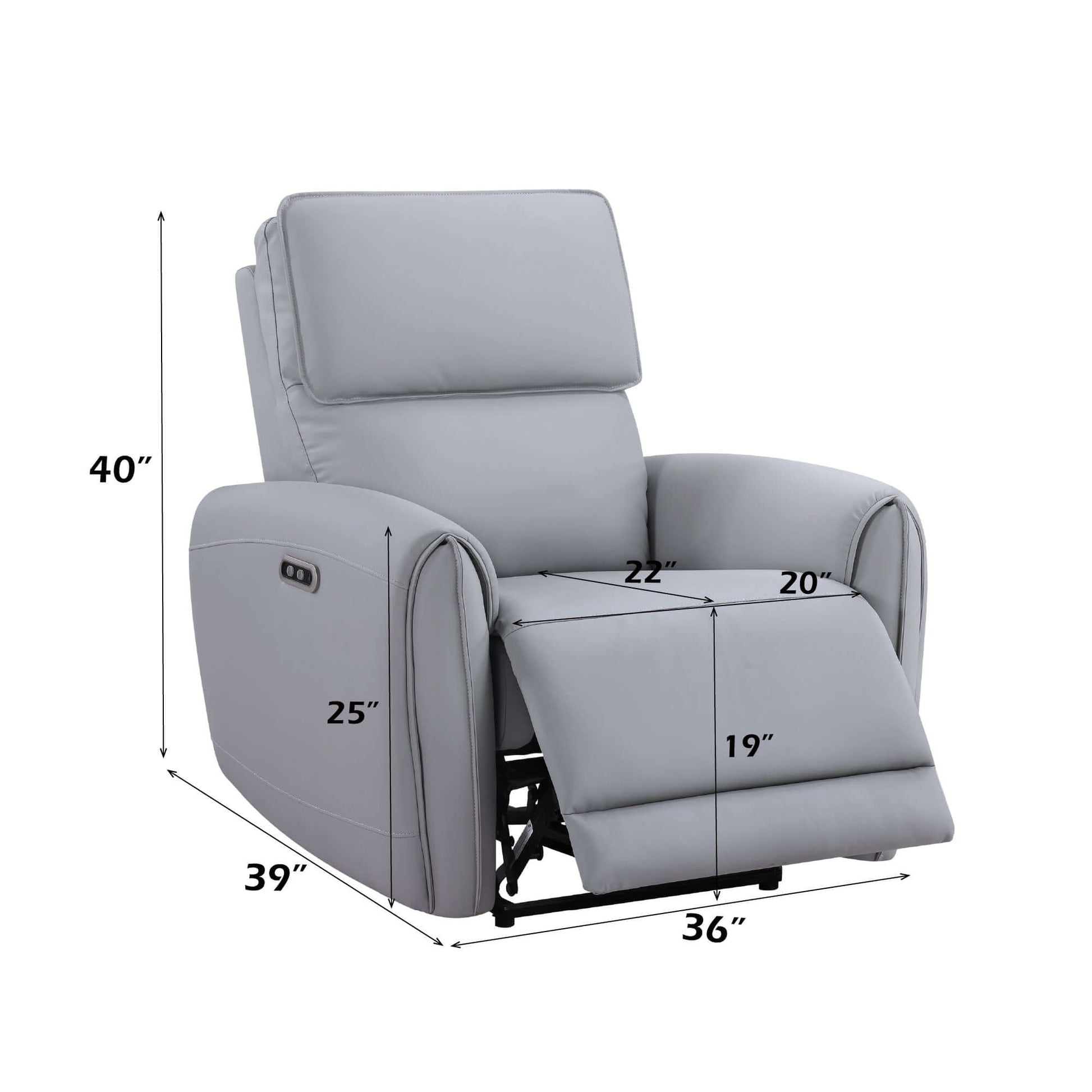 Jeromie Gray PU Leather Power Motion Recliner w/ USB Port dimensions and features image.