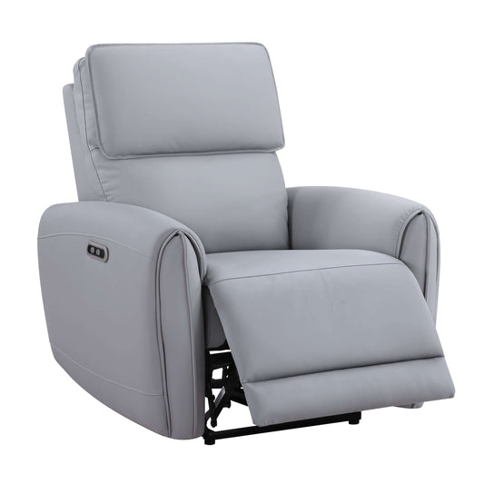 Jeromie Gray PU Leather Power Motion Recliner w/ USB Port in soft gray color, showcasing modern design and smart comfort features.