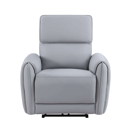 Jeromie Gray PU Leather Power Motion Recliner w/ USB Port featuring modern sleek design and soft gray faux leather.