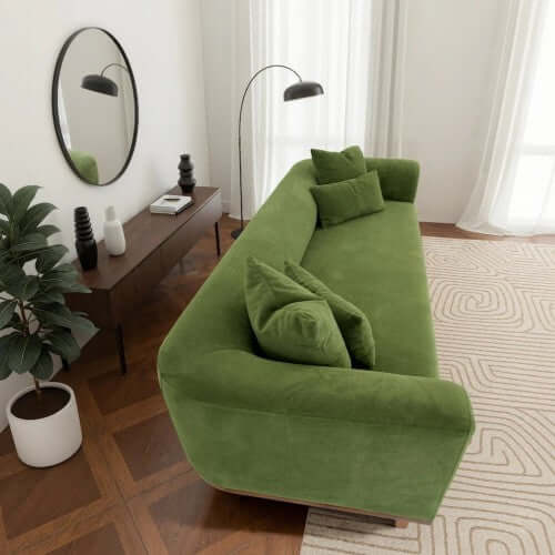 Richardson Velvet Sofa 103” - Scandinavian Modern 3-Seat Sofa with Wood Base in green upholstery, stylish living room setting.