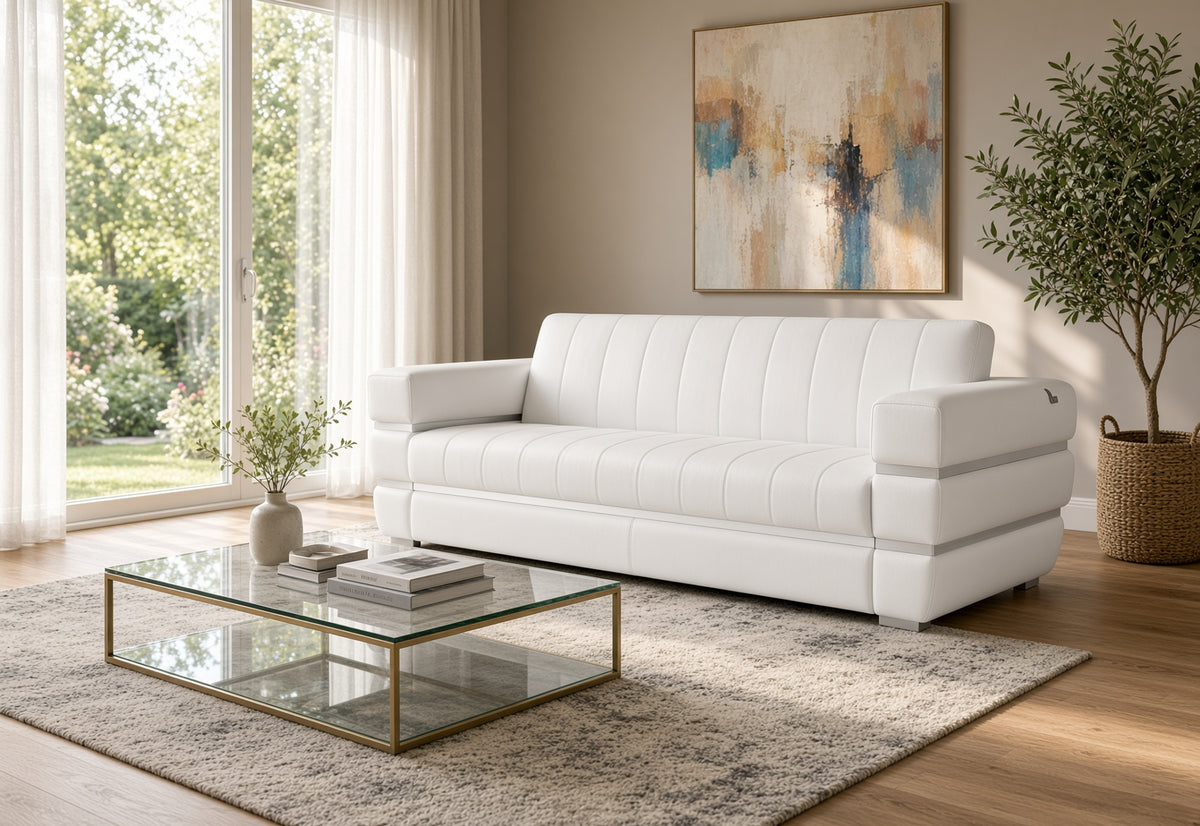 89" White Italian Leather Sofa With Silver Legs