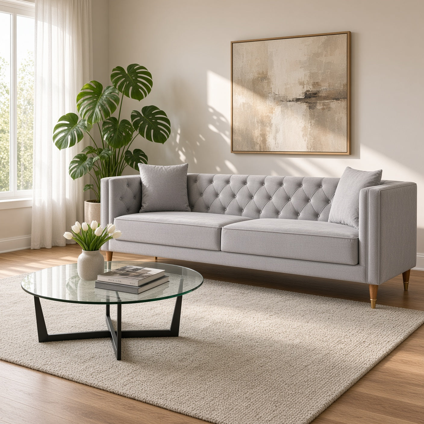 Chalky Living Room Tufted Velvet Upholstered Couch in Light Gray