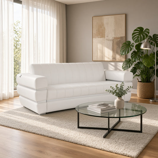 89" White Italian Leather Sofa With Silver Legs
