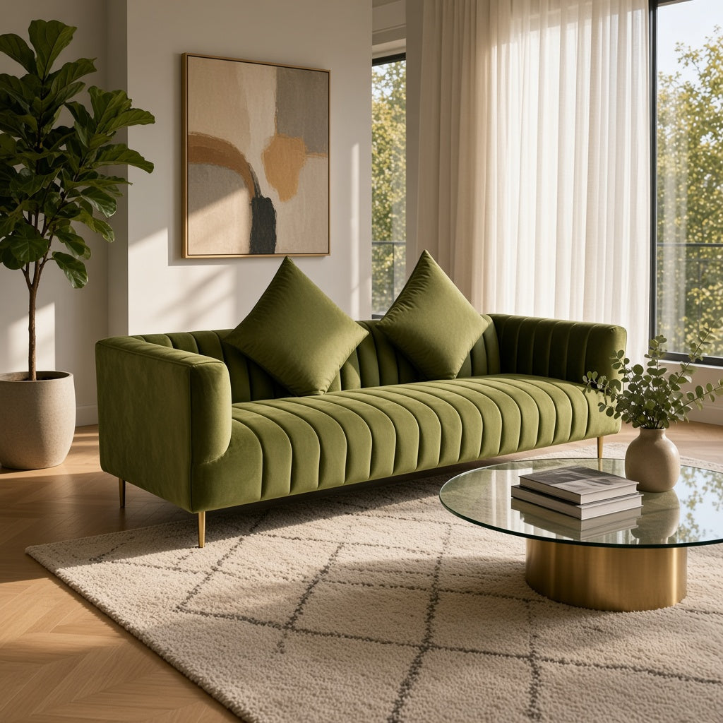 90" Olive Green Velvet Sofa And Toss Pillows With Gold Legs
