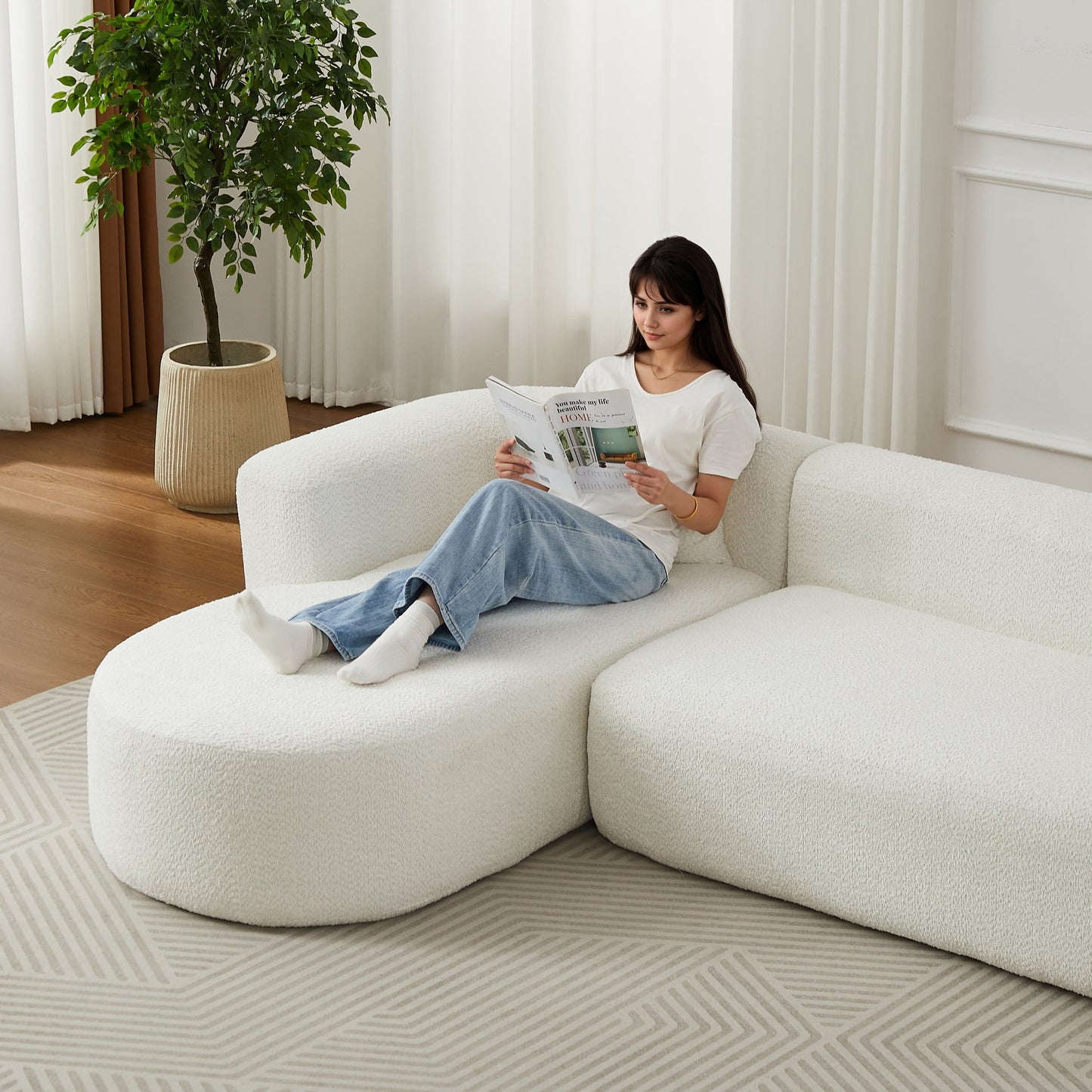 Halcyon beige chenille curved sectional sofa