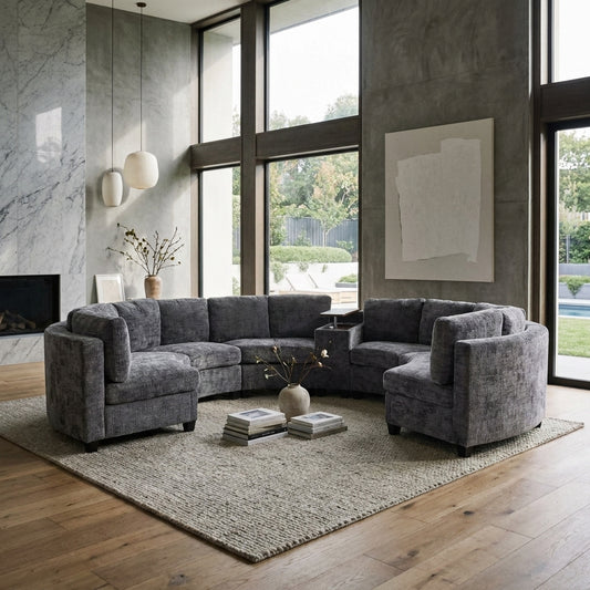 Harlow Curved Modular Sectional – 6-Seat Chenille Sofa with Storage Console – view 2