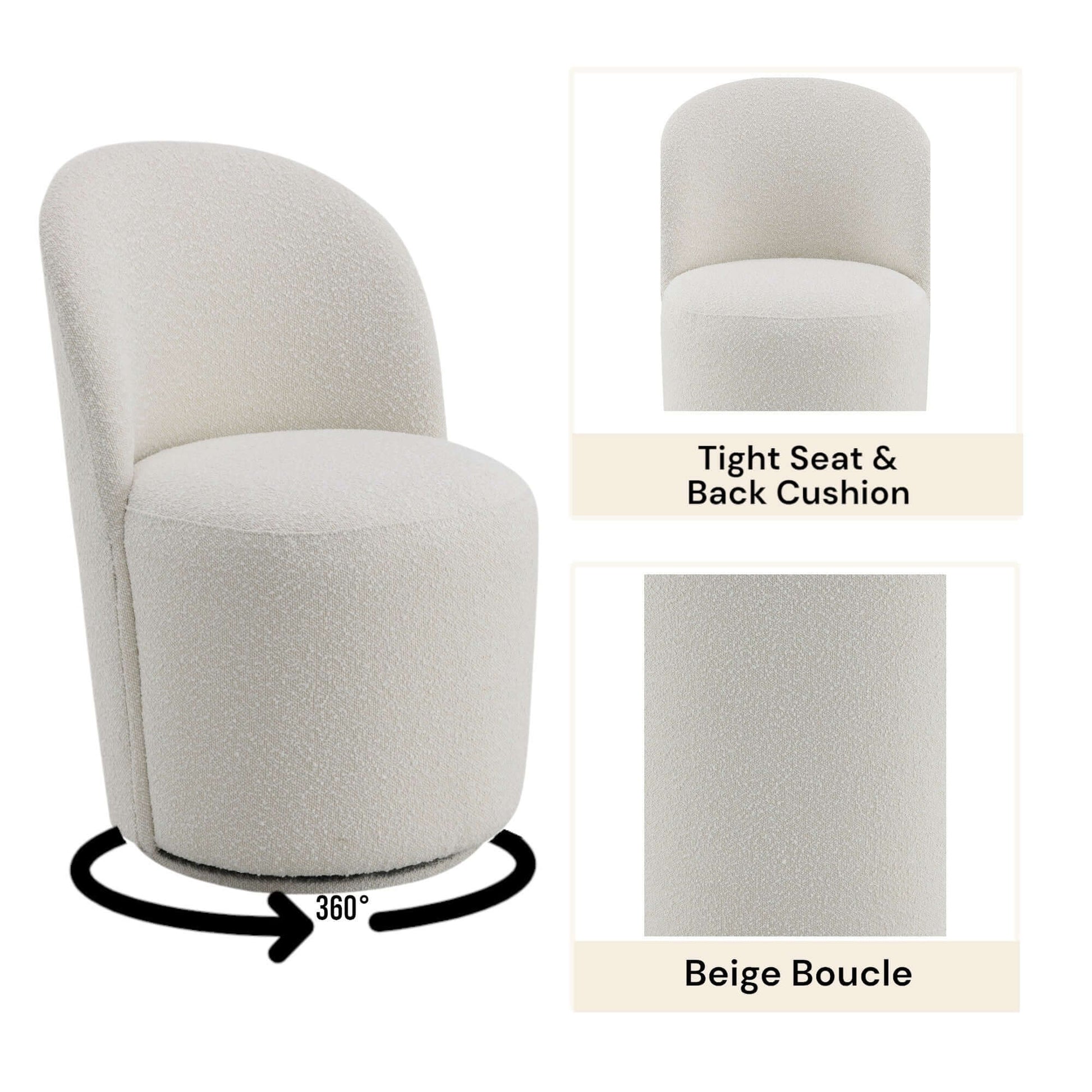 Hollis Beige Boucle Accent Chair (Set of 2) showcasing tight seat and back cushion with 360° swivel feature.