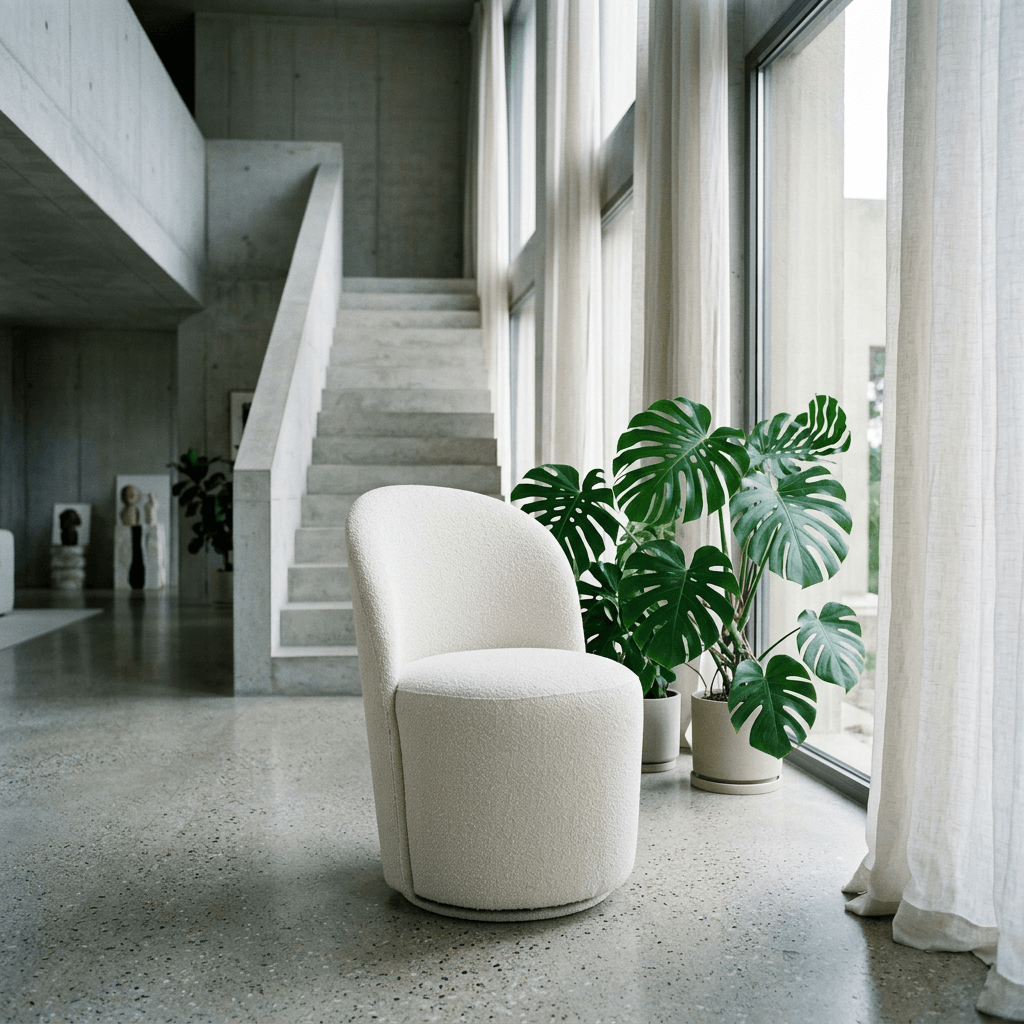 Hollis Beige Boucle Accent Chair (Set of 2) in a modern living space with large windows and greenery.