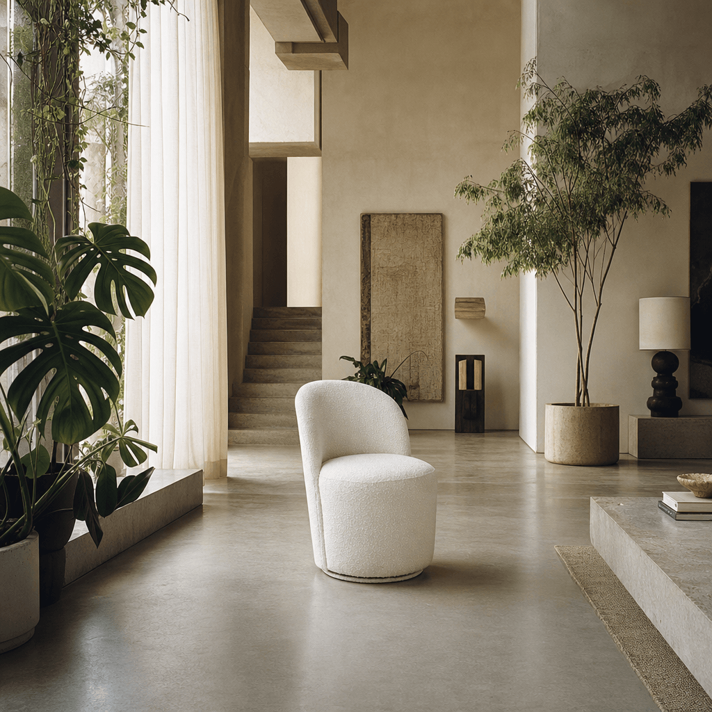 Hollis Beige Boucle Accent Chair (Set of 2) in a stylish, modern living room setting with plants and natural light.