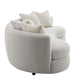 Iniko Bouclé Sofa – 105” Beige Curved Sofa with 6 Pillows (Modern Statement Couch) featuring soft bouclé fabric and curved design.