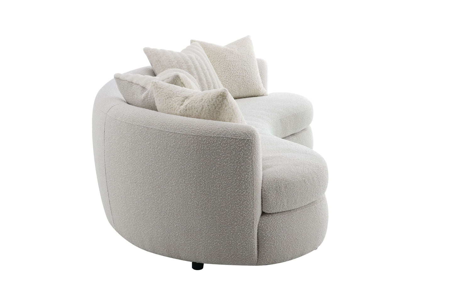 Iniko Bouclé Sofa – 105” Beige Curved Sofa with 6 Pillows (Modern Statement Couch) featuring soft bouclé fabric and curved design.