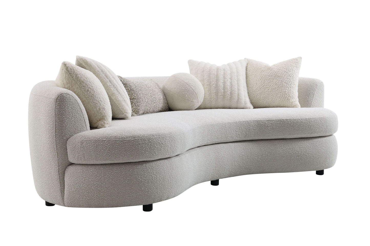 Iniko Bouclé Sofa – 105” Beige Curved Sofa with 6 Pillows (Modern Statement Couch) with soft, textured fabric and pillows.