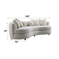 Iniko Bouclé Sofa – 105” Beige Curved Sofa with 6 Pillows (Modern Statement Couch) dimensions and design.