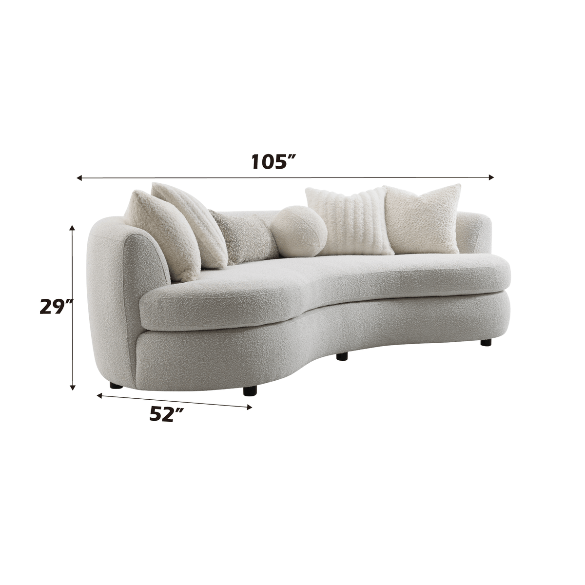 Iniko Bouclé Sofa – 105” Beige Curved Sofa with 6 Pillows (Modern Statement Couch) dimensions and design.