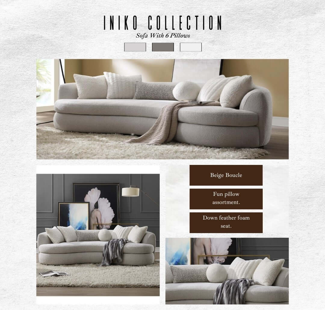 Iniko Bouclé Sofa – 105” Beige Curved Sofa with 6 Pillows (Modern Statement Couch) in a modern living room setting.