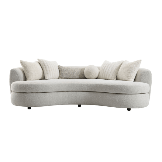 Iniko Bouclé Sofa – 105” Beige Curved Sofa with 6 Pillows (Modern Statement Couch) on a white background.