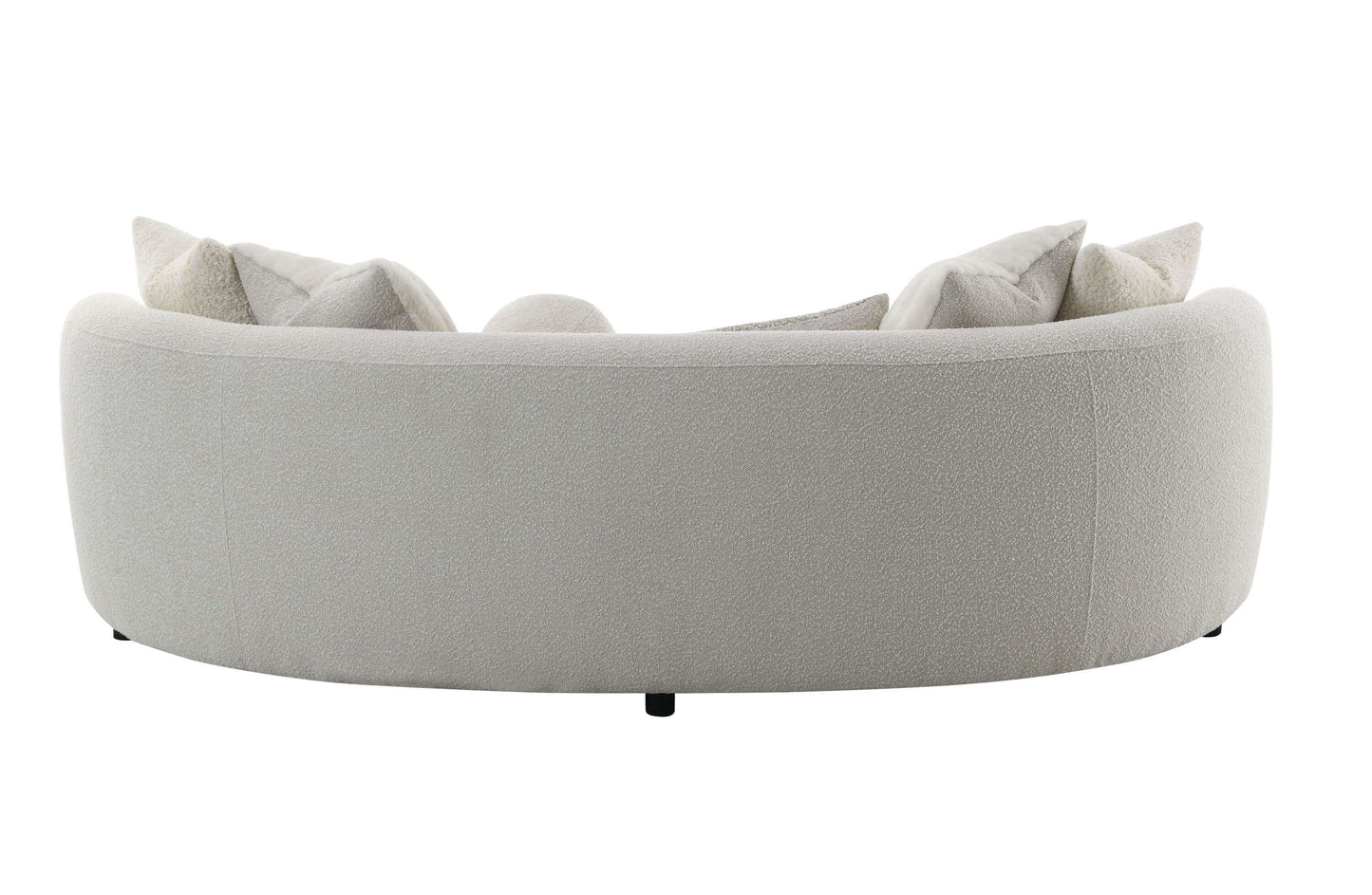 Iniko Bouclé Sofa – 105” Beige Curved Sofa with 6 Pillows (Modern Statement Couch) from the back view.