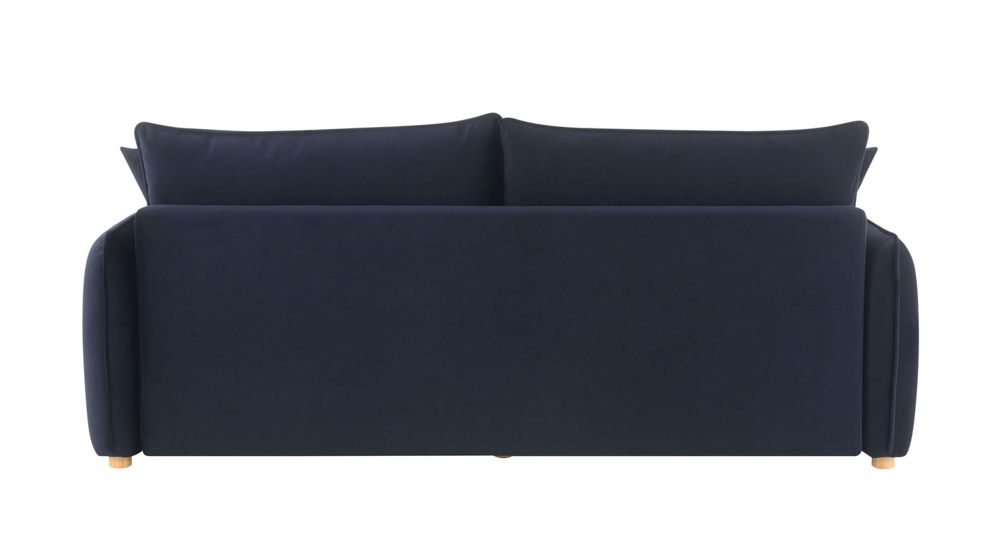 Irina Blue Velvet Sleeper Sofa w/ 3 Pillows – 88" Velvet Storage Sleeper Couch back view with plush cushions
