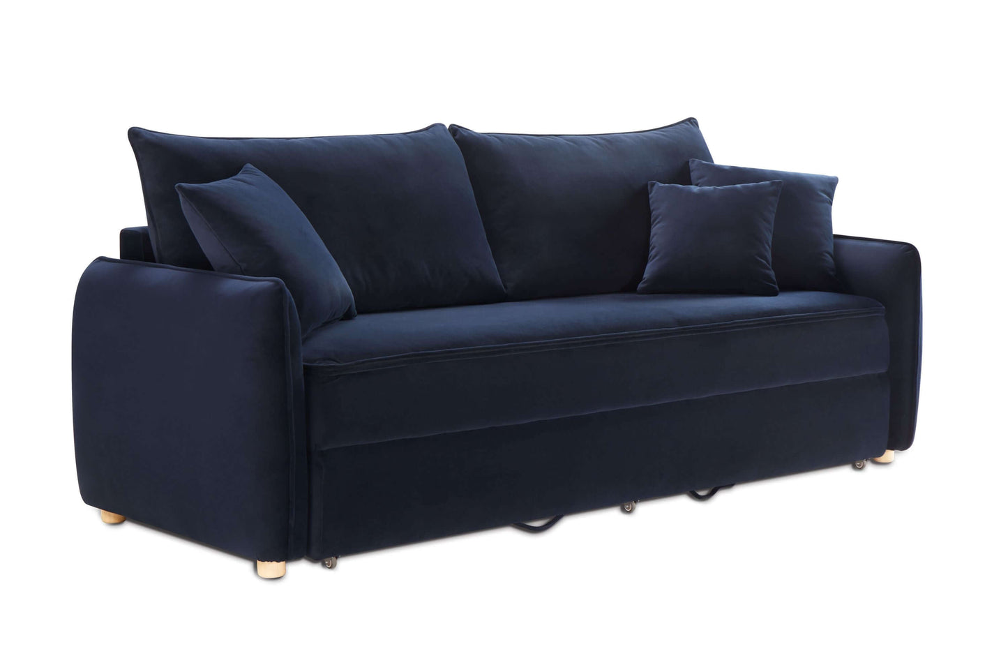 Irina Blue Velvet Sleeper Sofa w/ 3 Pillows – 88" Velvet Storage Sleeper Couch in luxurious blue upholstery.