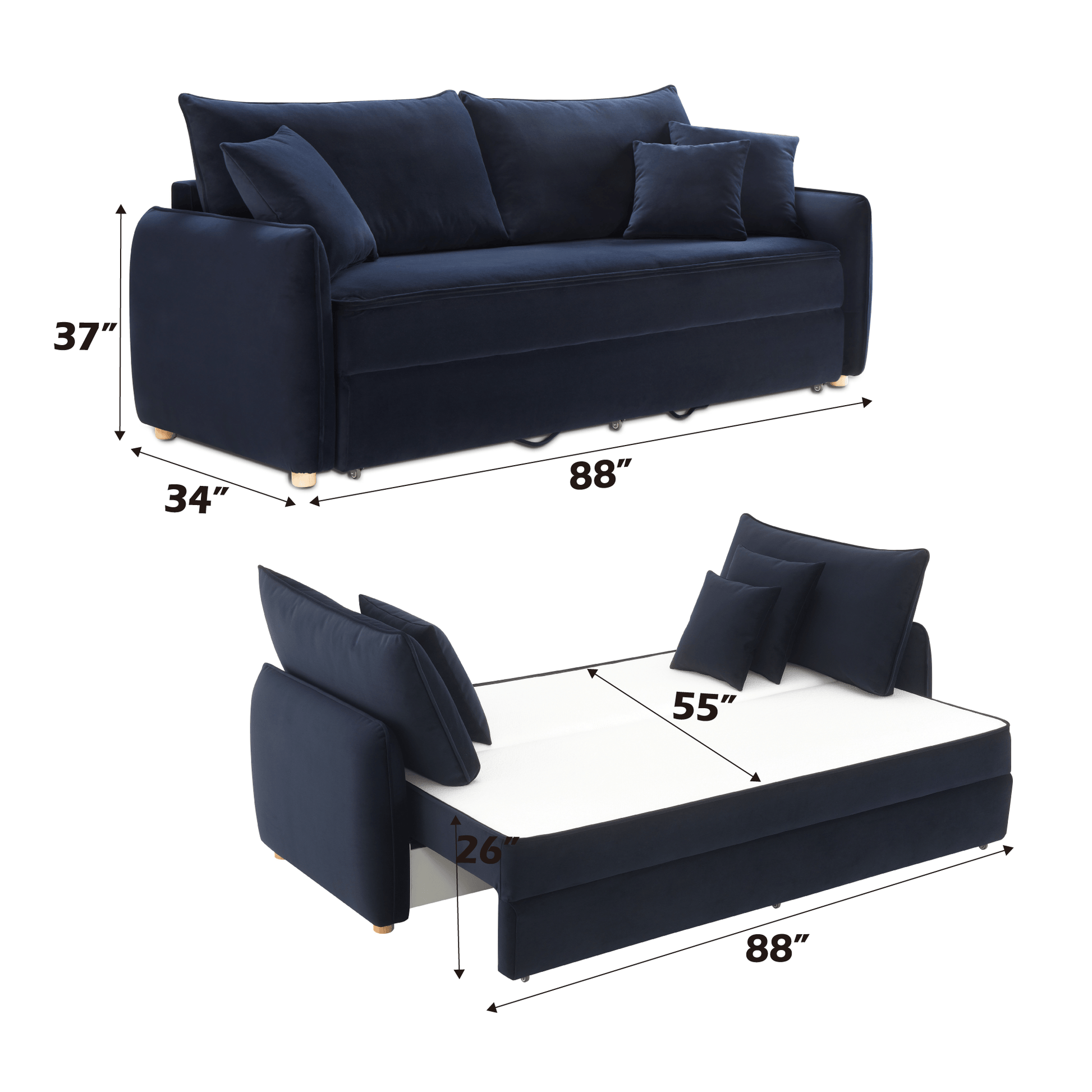 Irina Blue Velvet Sleeper Sofa w/ 3 Pillows – 88" Velvet Storage Sleeper Couch dimensions and features.