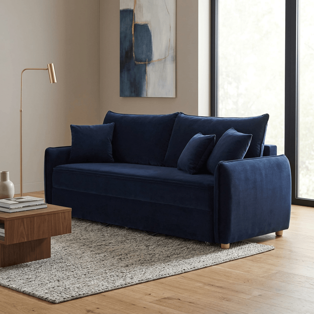 Irina Blue Velvet Sleeper Sofa w/ 3 Pillows – 88" Velvet Storage Sleeper Couch in a modern living room setting.