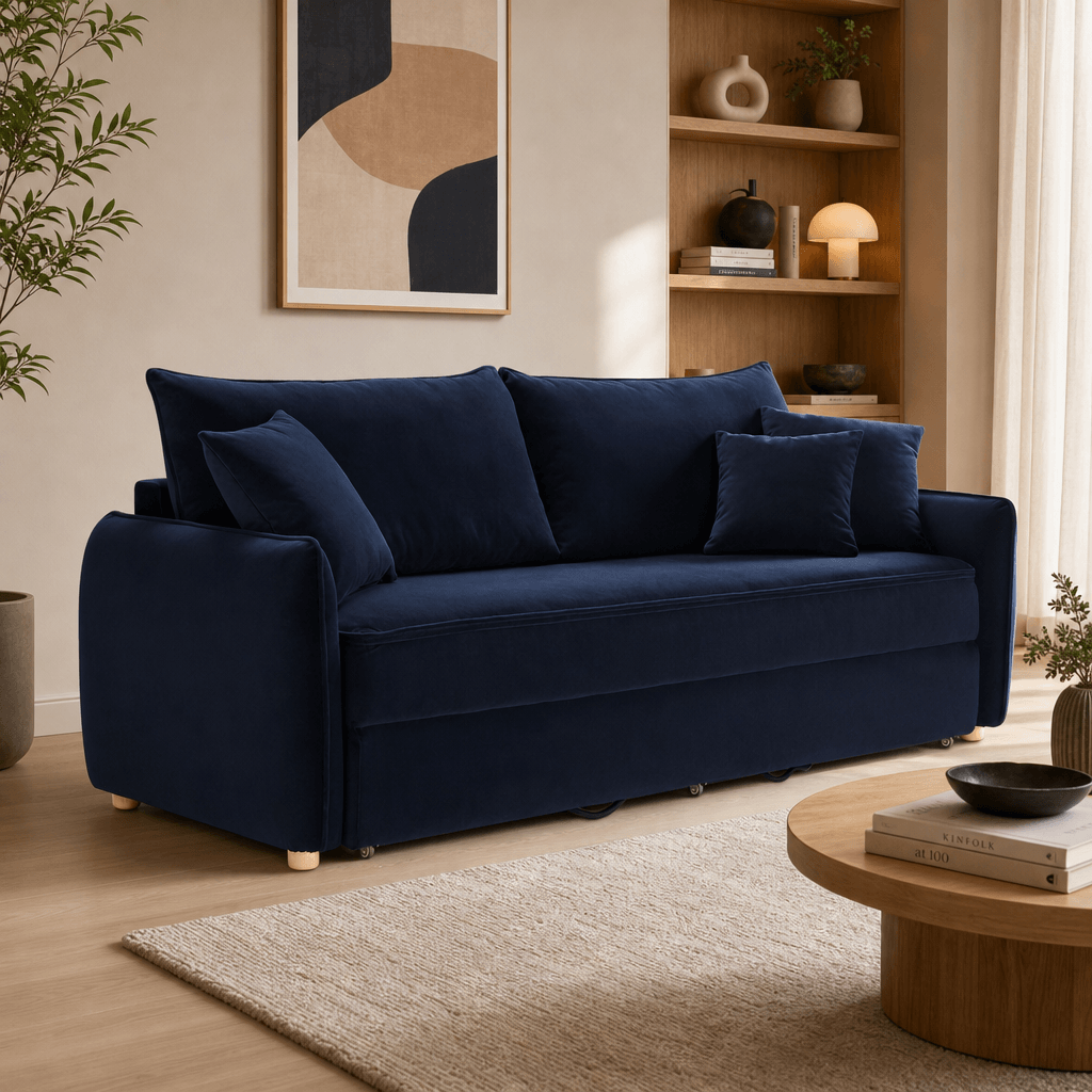 Irina Blue Velvet Sleeper Sofa w/ 3 Pillows – 88" Velvet Storage Sleeper Couch in a modern living room setting.
