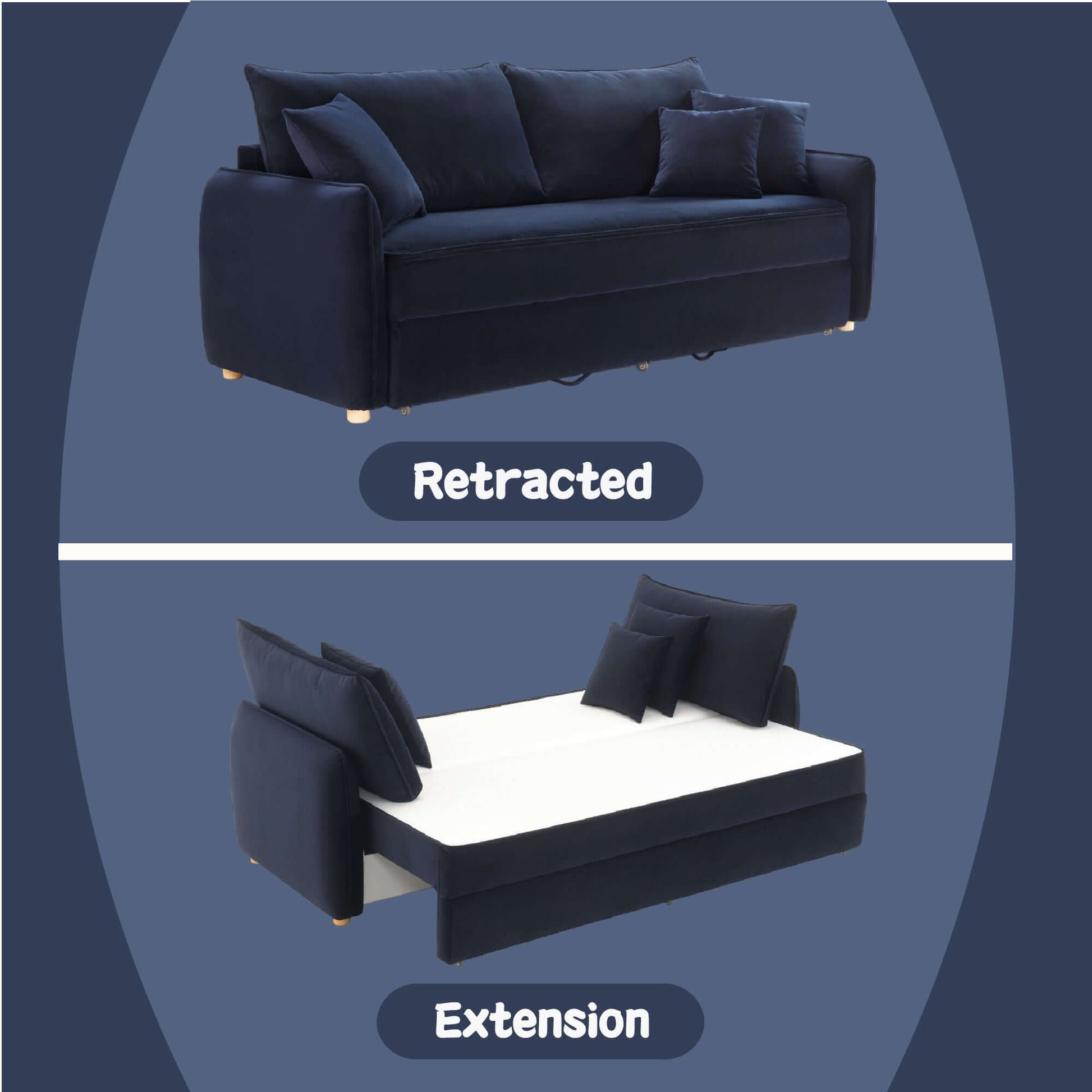 Irina Blue Velvet Sleeper Sofa w/ 3 Pillows – 88" Velvet Storage Sleeper Couch in retracted and extension modes.