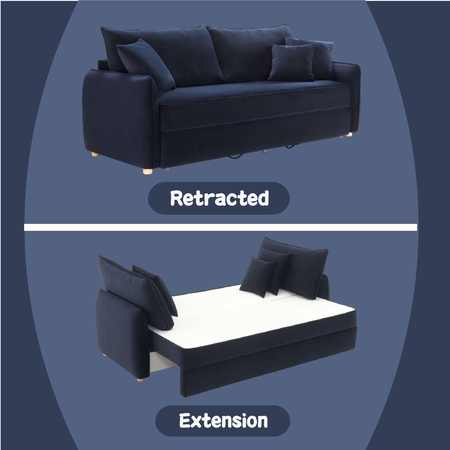 Irina Blue Velvet Sleeper Sofa w/ 3 Pillows – 88" Velvet Storage Sleeper Couch in retracted and extension modes.