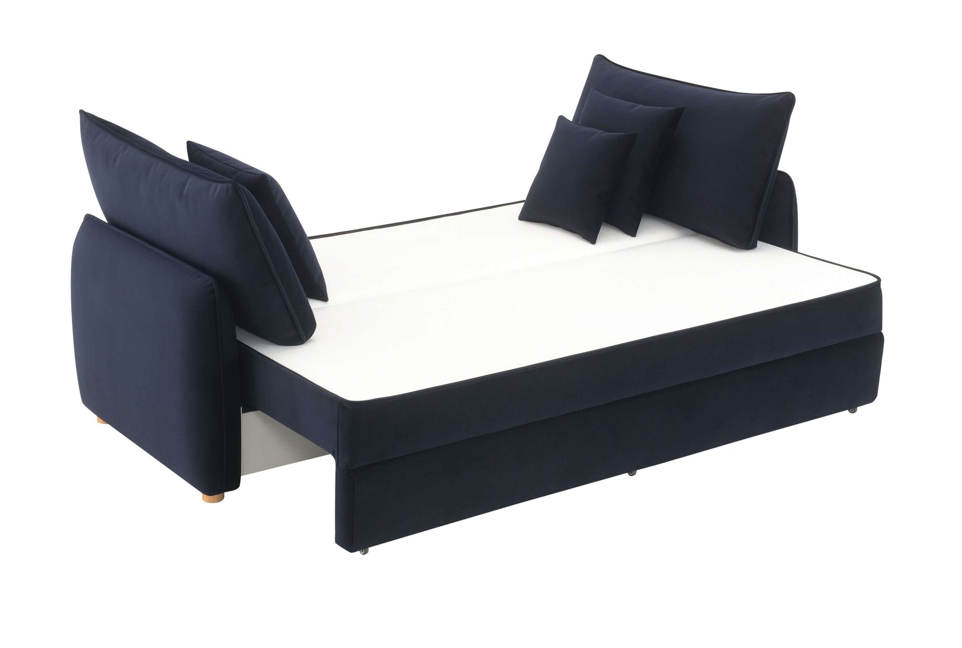 Irina Blue Velvet Sleeper Sofa w/ 3 Pillows – 88" Velvet Storage Sleeper Couch in navy blue with pull-out bed feature.