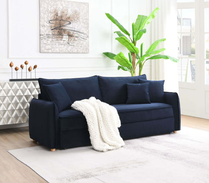 Irina Blue Velvet Sleeper Sofa w/ 3 Pillows – 88" Velvet Storage Sleeper Couch in modern living room setting.
