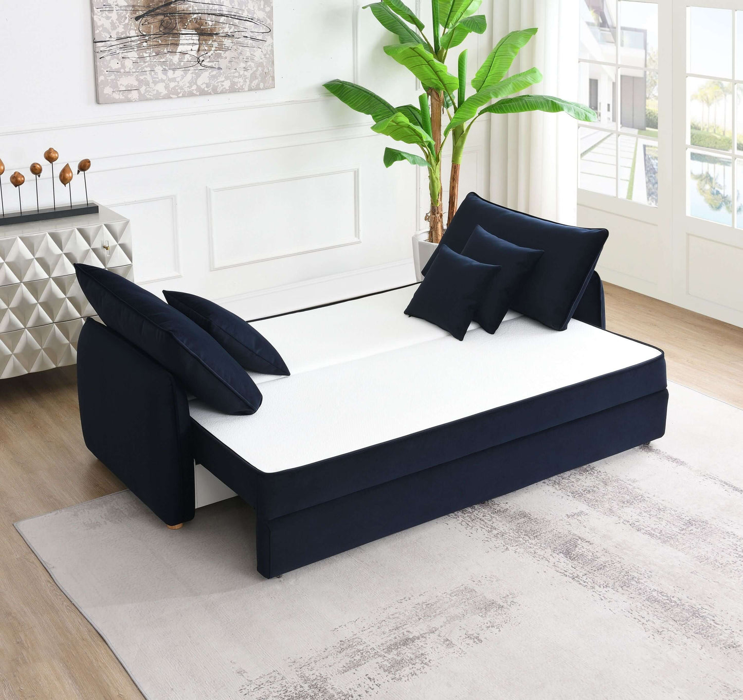 Irina Blue Velvet Sleeper Sofa w/ 3 Pillows – 88" Velvet Storage Sleeper Couch in modern living room setting.