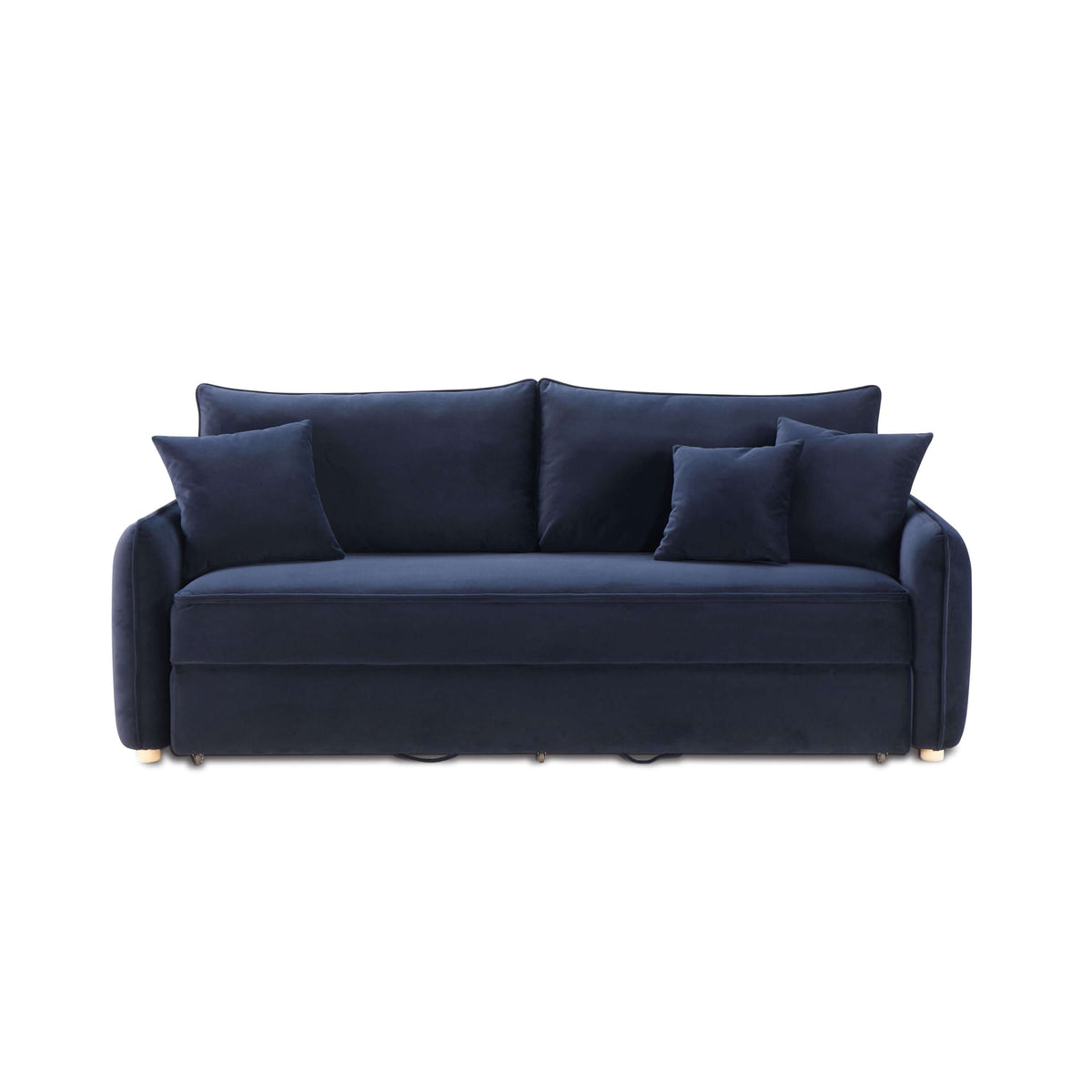 Irina Blue Velvet Sleeper Sofa w/ 3 Pillows – 88" Velvet Storage Sleeper Couch in modern living space.