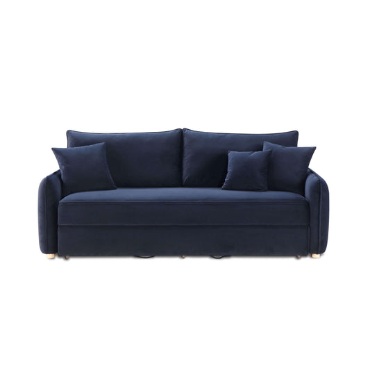 Irina Blue Velvet Sleeper Sofa w/ 3 Pillows – 88" Velvet Storage Sleeper Couch in modern living space.