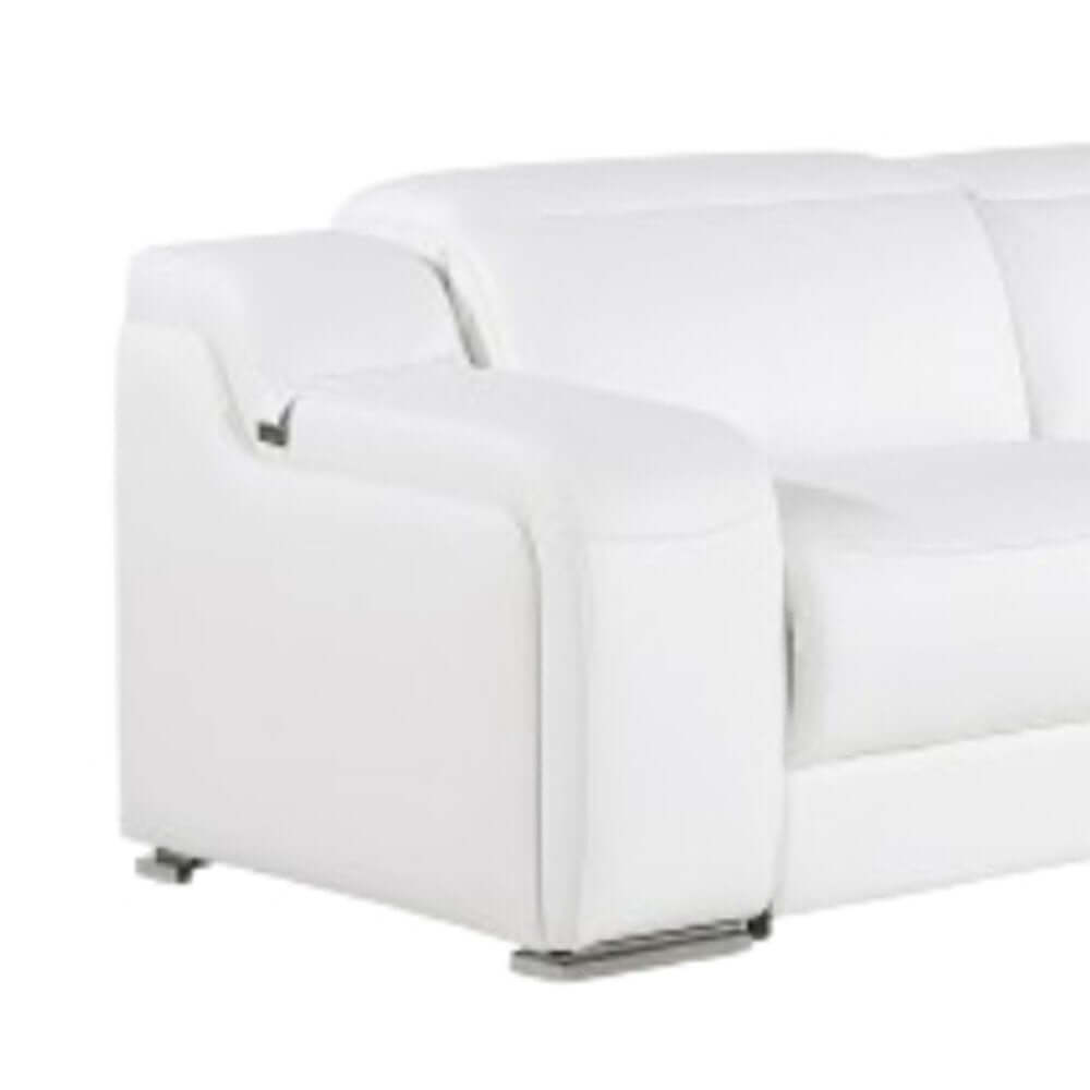 Italian Leather Power Reclining L-Shaped Sectional 112" | Modern Modular Corner Sofa armrest detail in white leather.