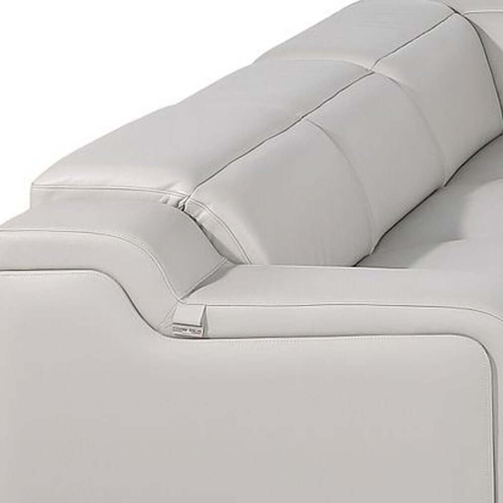 Light Gray Italian Leather Power Reclining U Shaped Eight Piece Corner Sectional With Console back detail.